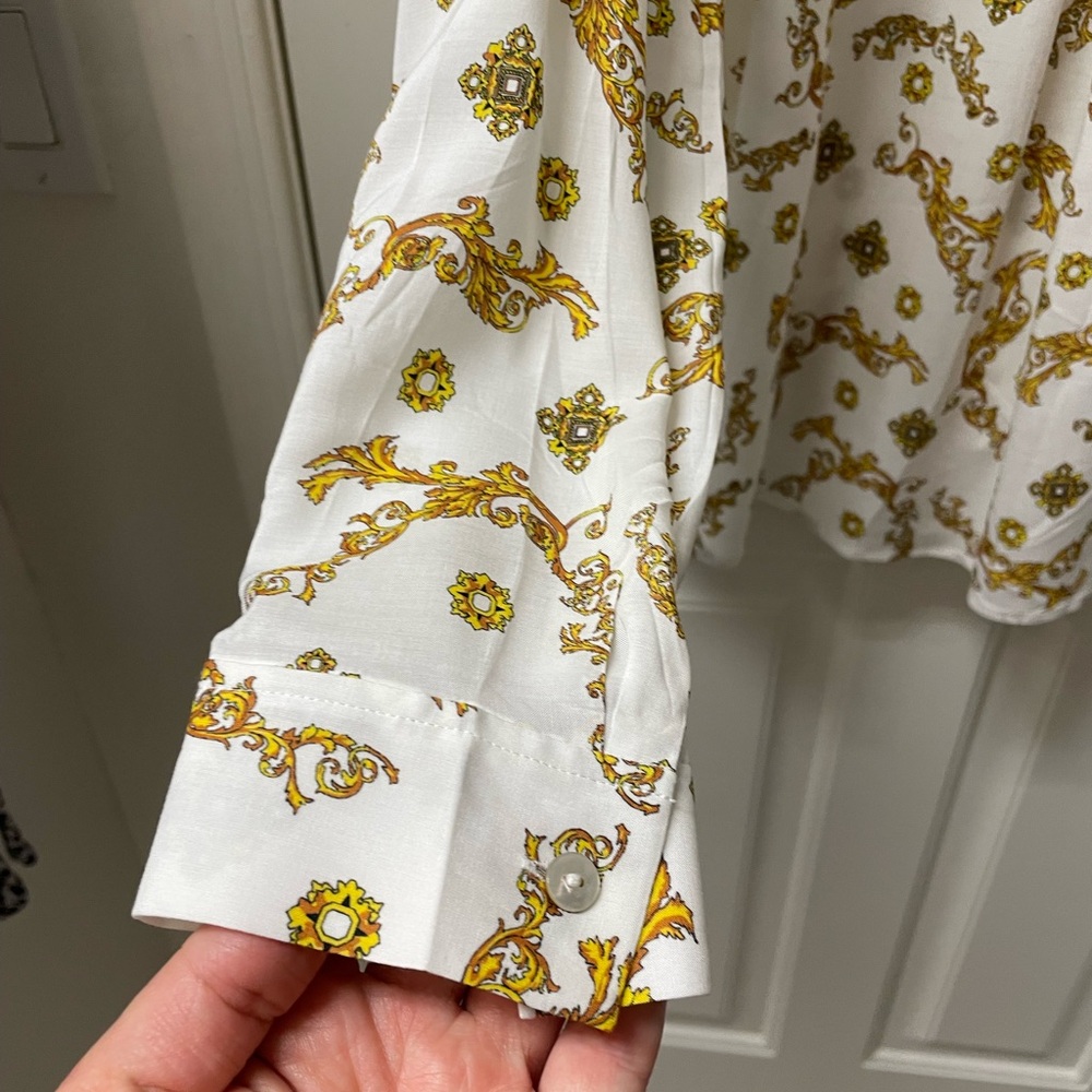 L'Agence | Women’s Long Sleeve Blouse White & Yellow/gold Top Button Down Shirt